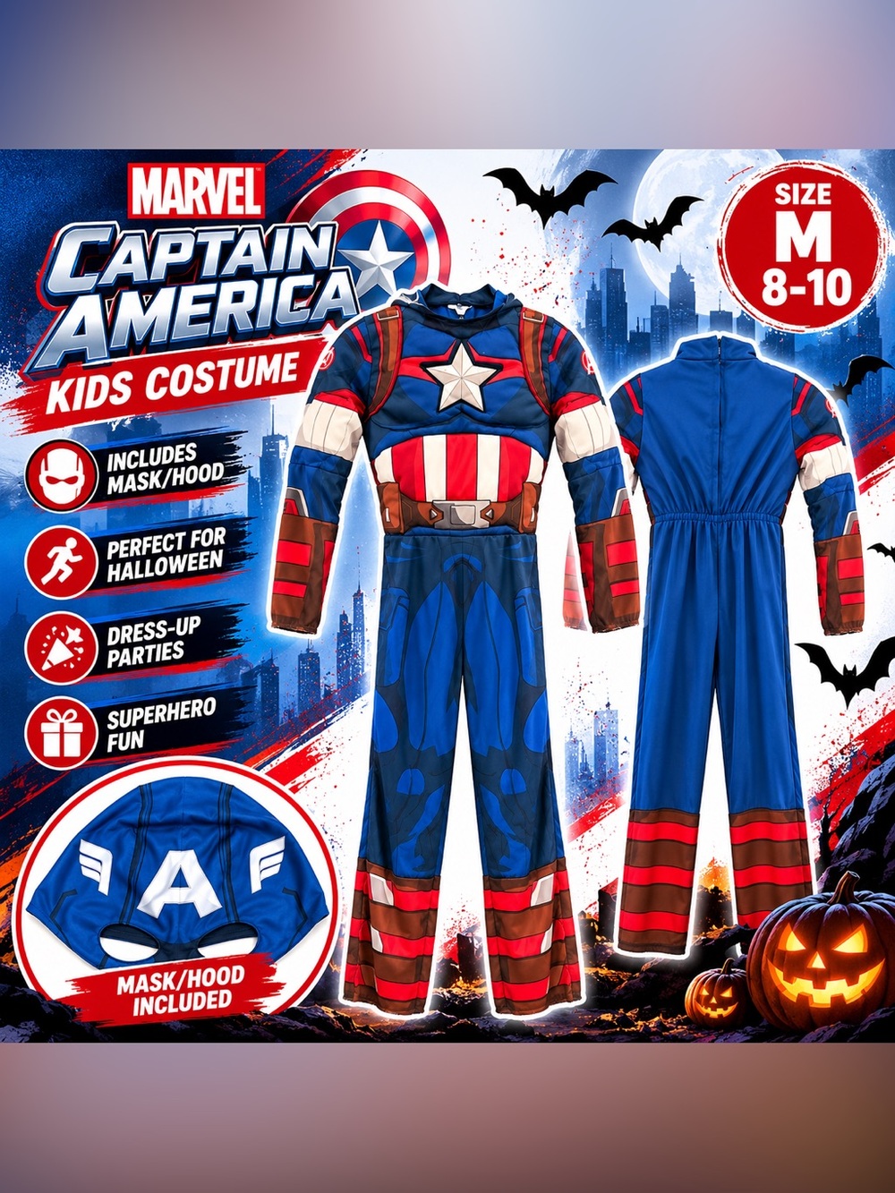 👻Captain America Kids Halloween Costume w/ Mask Size M 8-10